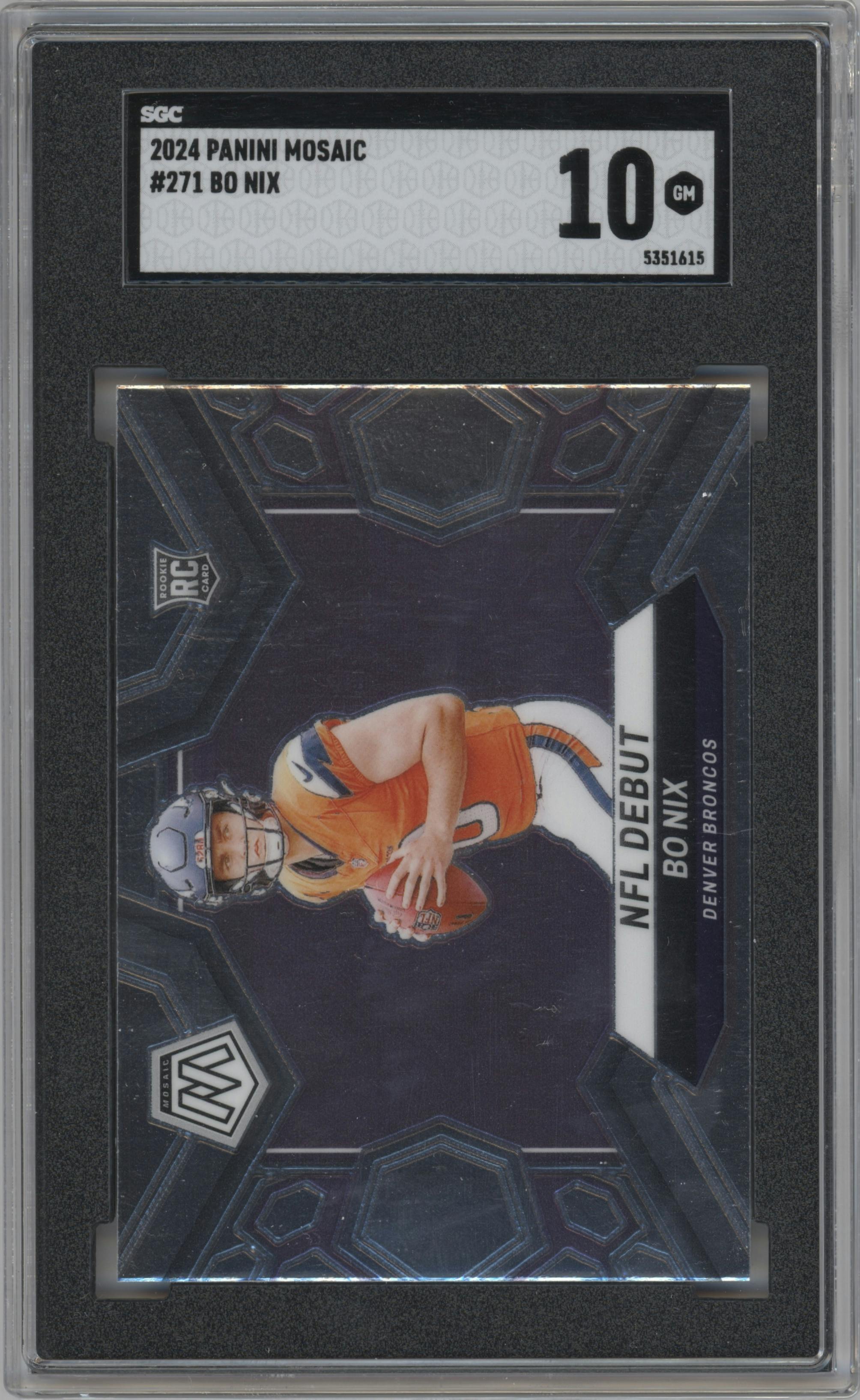 Bo Nix from the 2024 Panini Mosaic set graded by SGC and given an overall grade of 10.