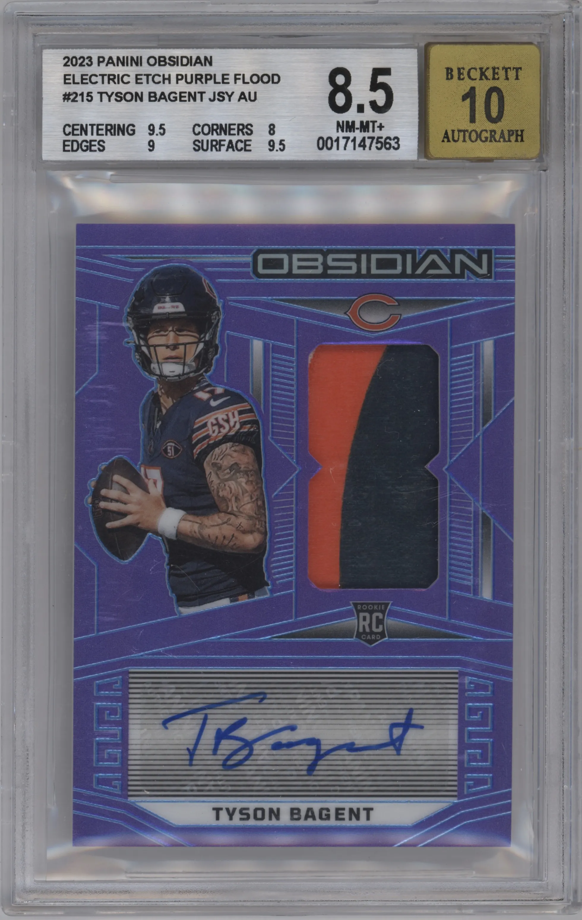 2023 Panini Obsidian Rke.Jrsy.Auto Tyson Bagent EE Purple Flood BGS 8.5