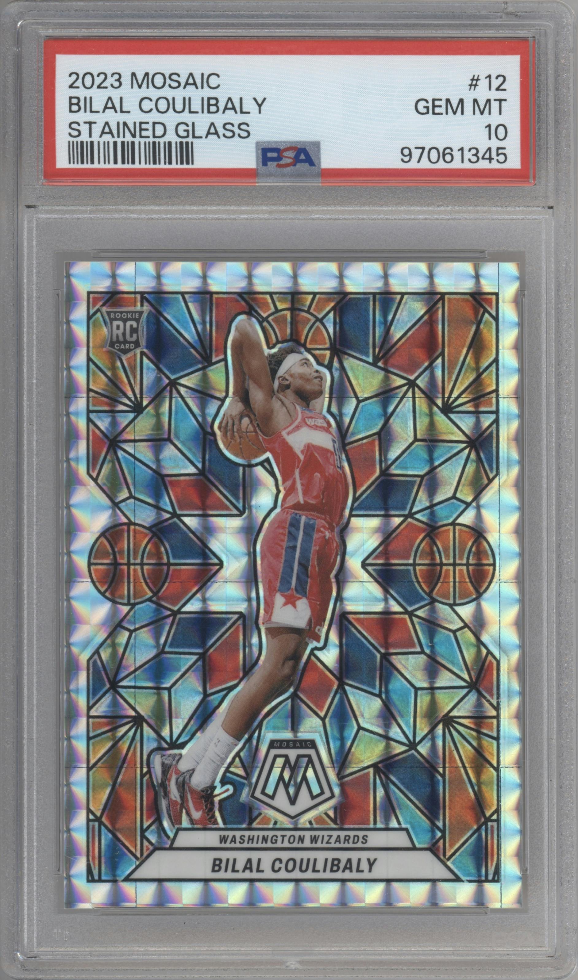 Bilal Coulibaly from the 2023-24 Panini Mosaic set graded by PSA and given an overall grade of 10.