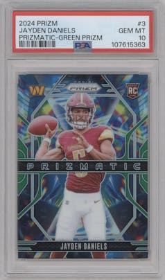 Jayden Daniels from the 2024 Panini Prizm set featuring a Green Prizm parallel graded by PSA and given an overall grade of 10.