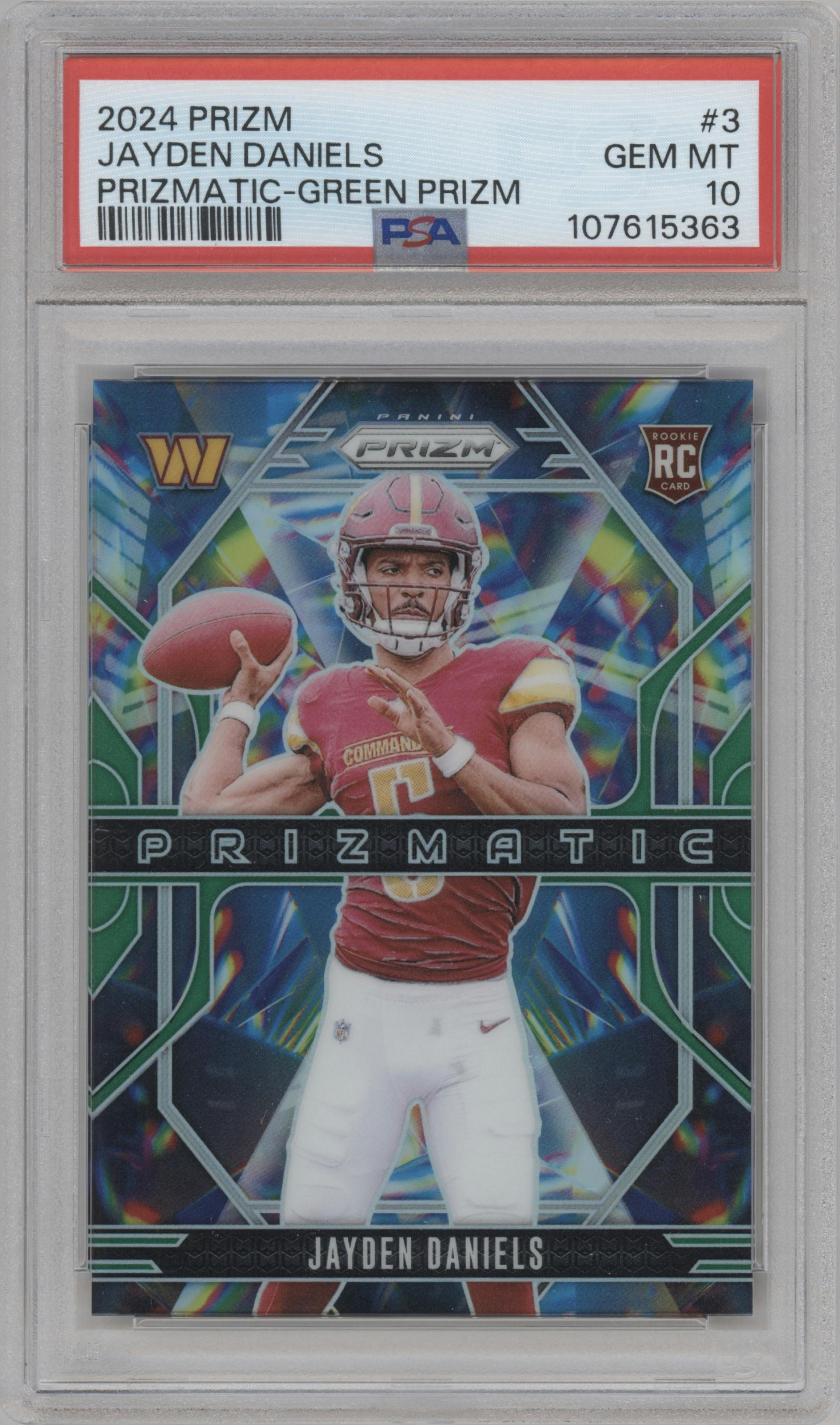 Jayden Daniels from the 2024 Panini Prizm set featuring a Green Prizm parallel graded by PSA and given an overall grade of 10.