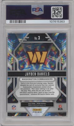 Jayden Daniels from the 2024 Panini Prizm set featuring a Green Prizm parallel graded by PSA and given an overall grade of 10.