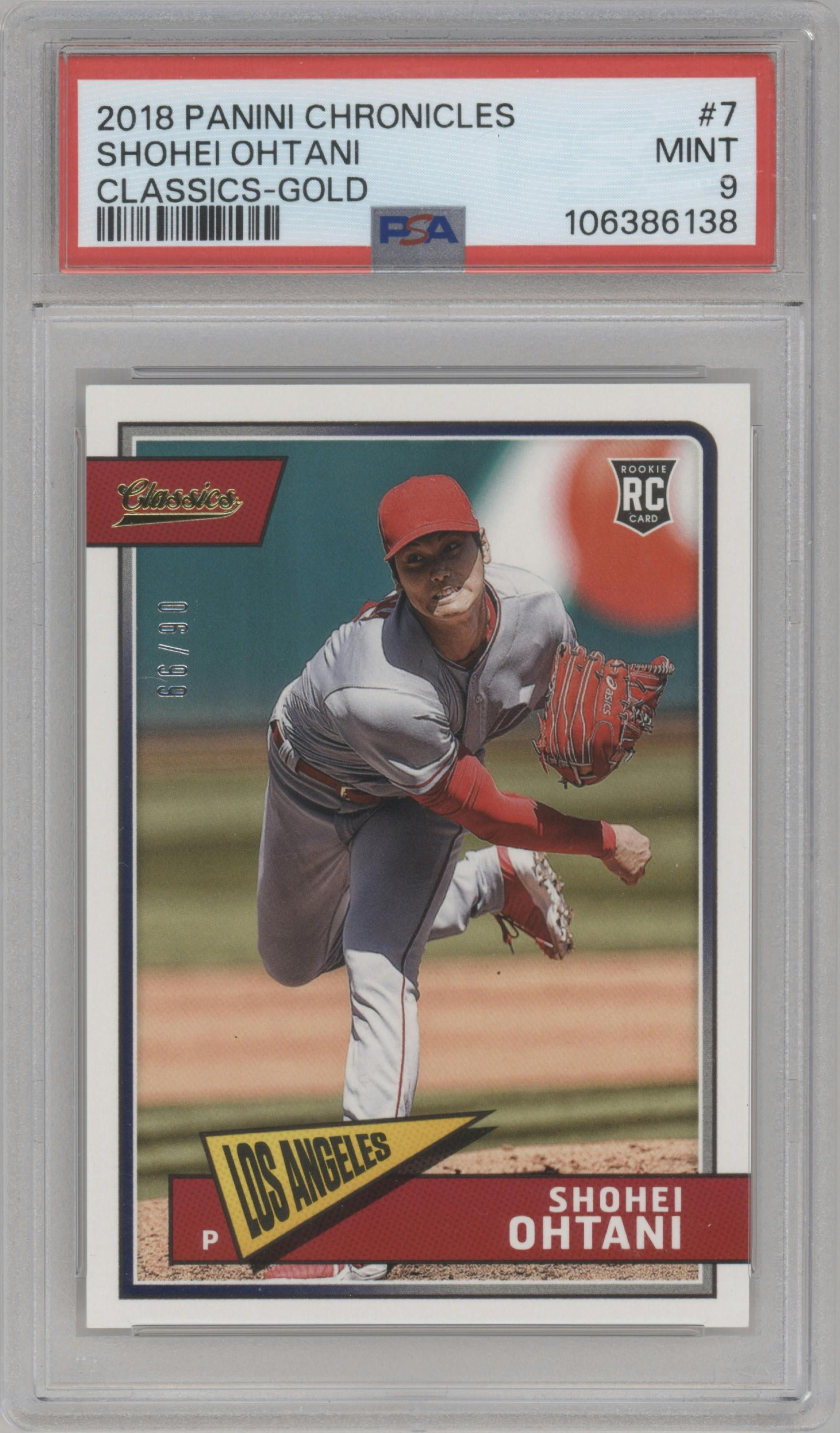 Shohei Ohtani from the 2018 Panini Chronicles set featuring a Gold parallel graded by PSA and given an overall grade of 9.
