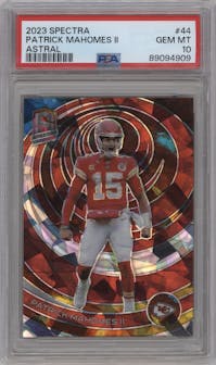 Patrick Mahomes II from the 2023 Panini Spectra set featuring a Astral parallel graded by PSA and given an overall grade of 10.