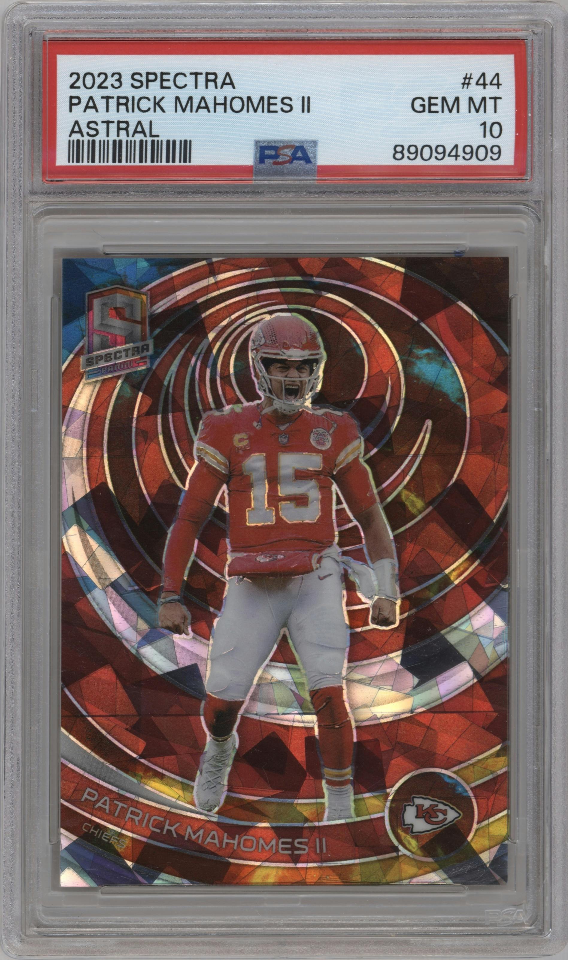 Patrick Mahomes II from the 2023 Panini Spectra set featuring a Astral parallel graded by PSA and given an overall grade of 10.