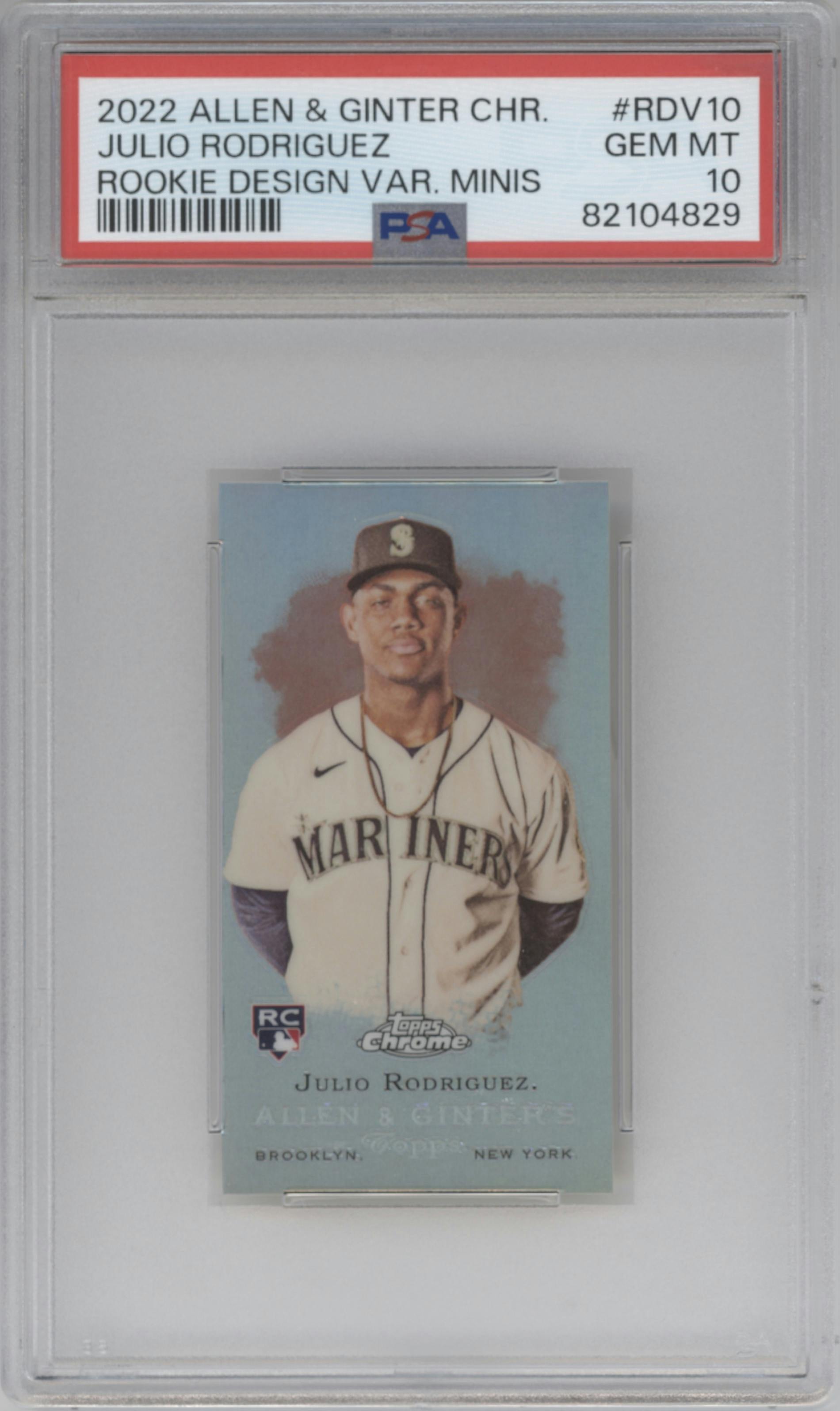 Julio Rodriguez from the 2022 Topps Allen & Ginter Chrome set graded by PSA and given an overall grade of 10.