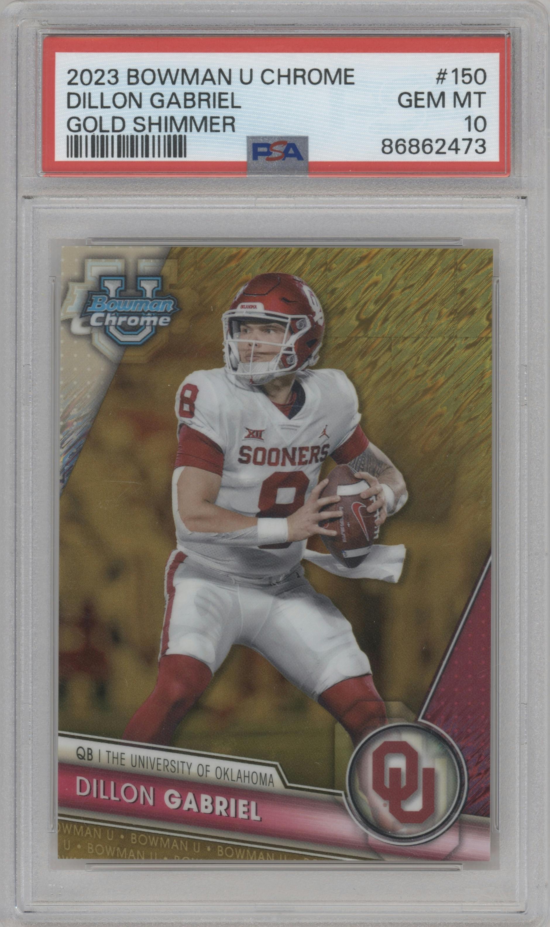 Dillon Gabriel from the 2023 Bowman Chrome University set featuring a Gold Shimmer parallel graded by PSA and given an overall grade of 10.