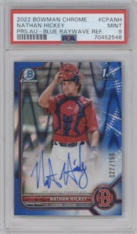 Nathan Hickey from the 2022 Bowman Chrome set featuring a Blue RayWave Refractor parallel graded by PSA and given an overall grade of 9.