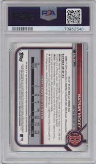 Nathan Hickey from the 2022 Bowman Chrome set featuring a Blue RayWave Refractor parallel graded by PSA and given an overall grade of 9.
