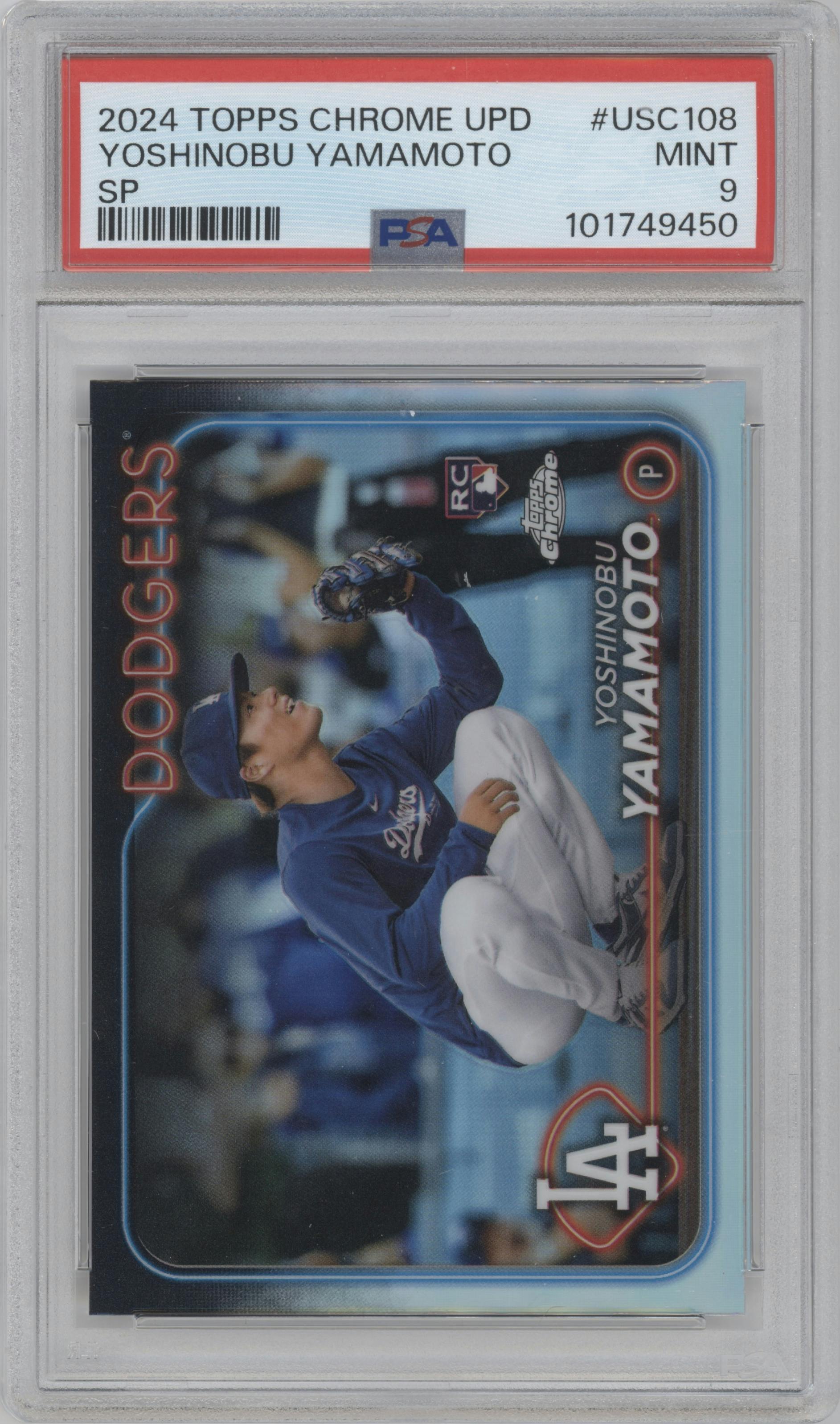 Yoshinobu Yamamoto from the 2024 Topps Chrome Update set graded by PSA and given an overall grade of 9.
