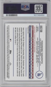 Yoshinobu Yamamoto from the 2024 Topps Chrome Update set graded by PSA and given an overall grade of 9.