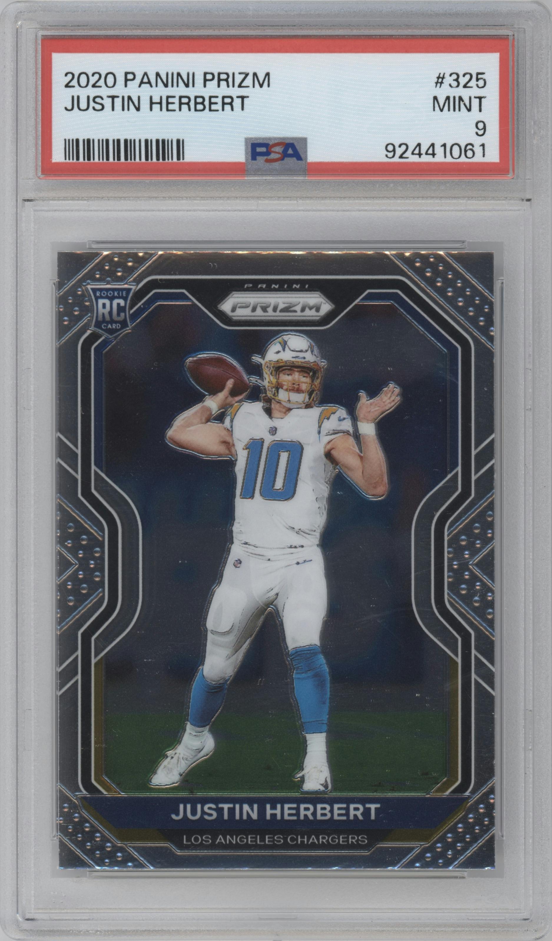 Justin Herbert from the 2020 Panini Prizm set graded by PSA and given an overall grade of 9.