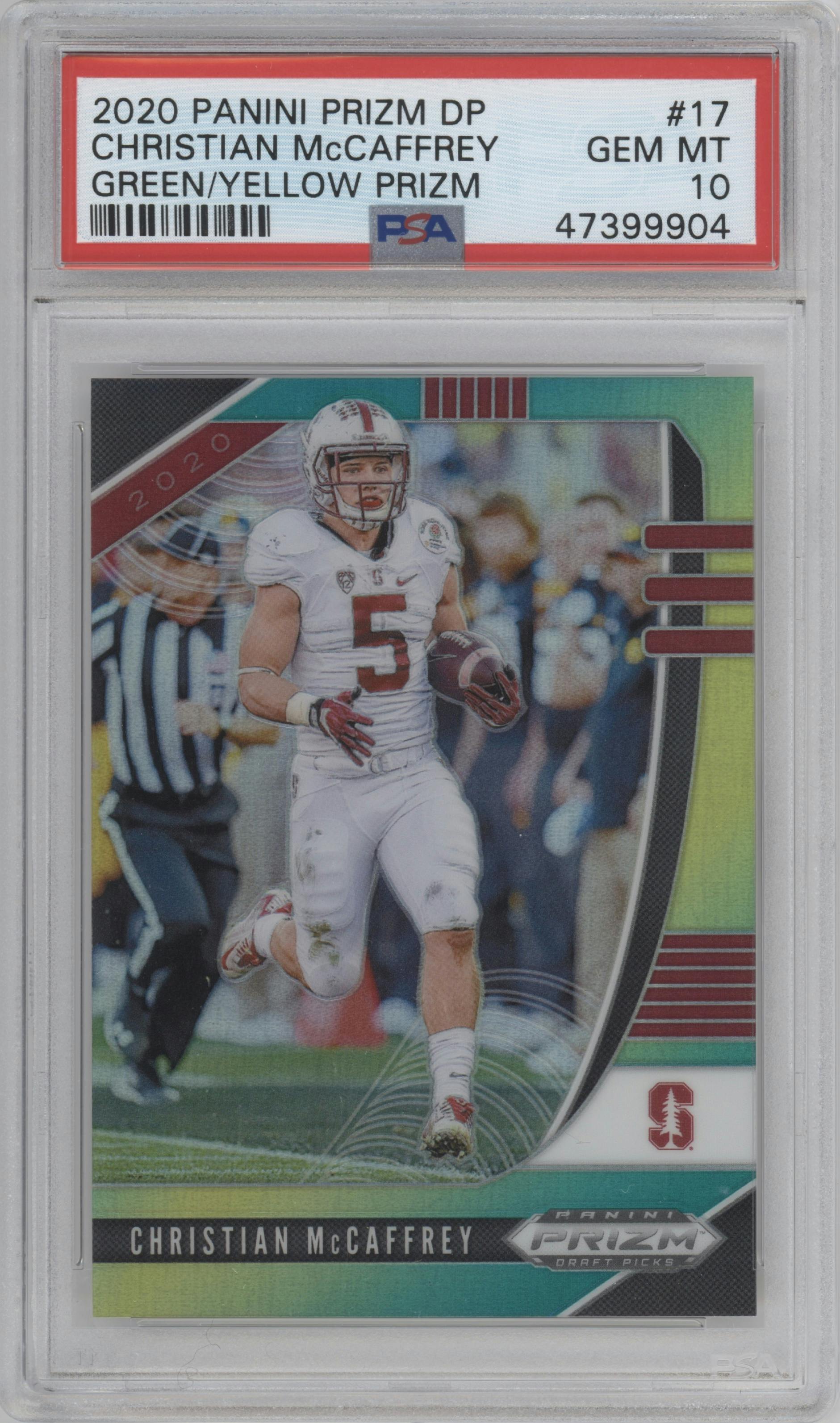 Christian McCaffrey from the 2020 Panini Prizm Draft Picks set featuring a Green/Yellow Prizm parallel graded by PSA and given an overall grade of 10.
