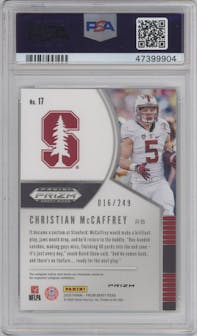 Christian McCaffrey from the 2020 Panini Prizm Draft Picks set featuring a Green/Yellow Prizm parallel graded by PSA and given an overall grade of 10.