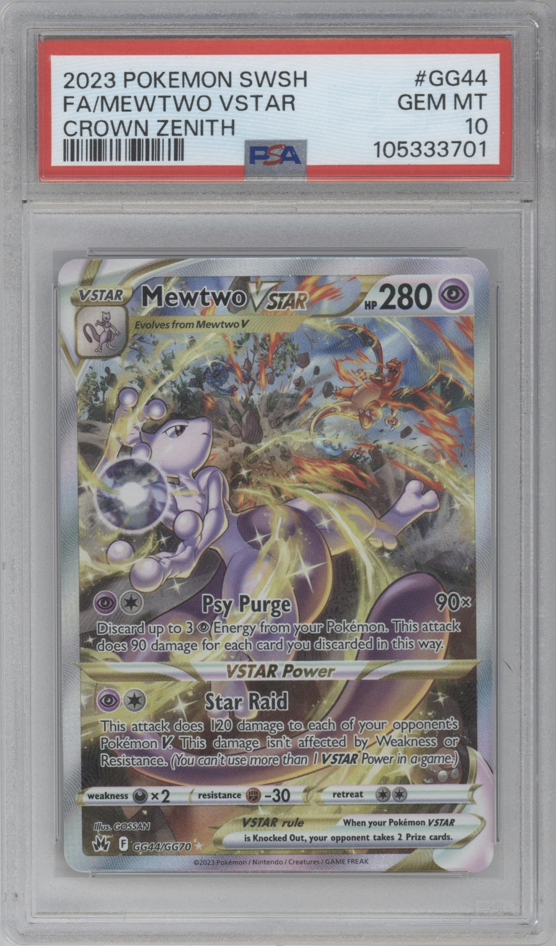 Mewtwo VSTAR from the 2023 Pokemon SWSH set graded by PSA and given an overall grade of 10.
