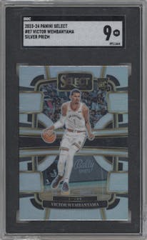 Victor Wembanyama from the 2023-24 Panini Select  set featuring a Silver Prizm parallel graded by SGC and given an overall grade of 9.