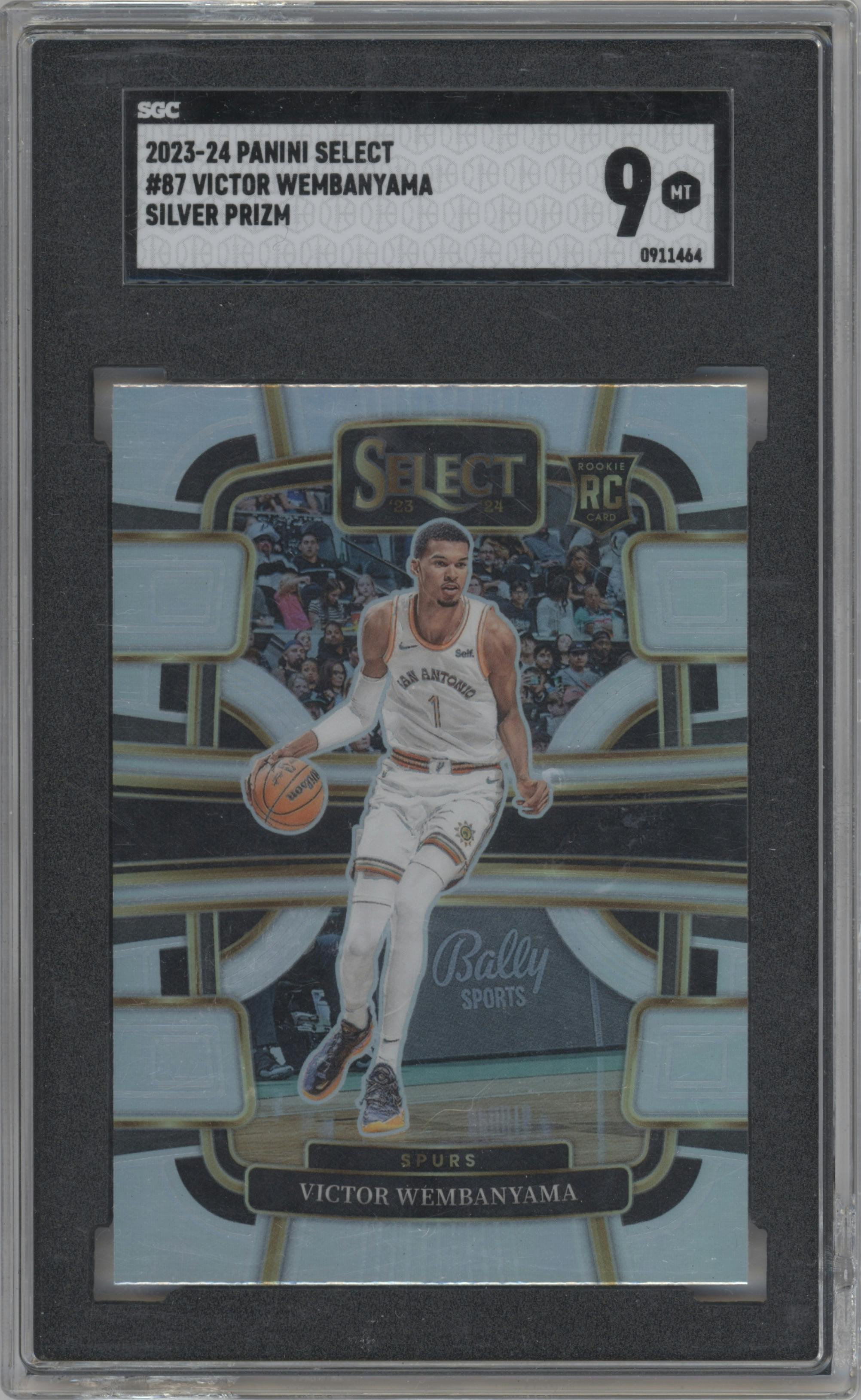 Victor Wembanyama from the 2023-24 Panini Select  set featuring a Silver Prizm parallel graded by SGC and given an overall grade of 9.