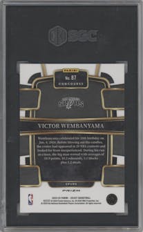 Victor Wembanyama from the 2023-24 Panini Select  set featuring a Silver Prizm parallel graded by SGC and given an overall grade of 9.