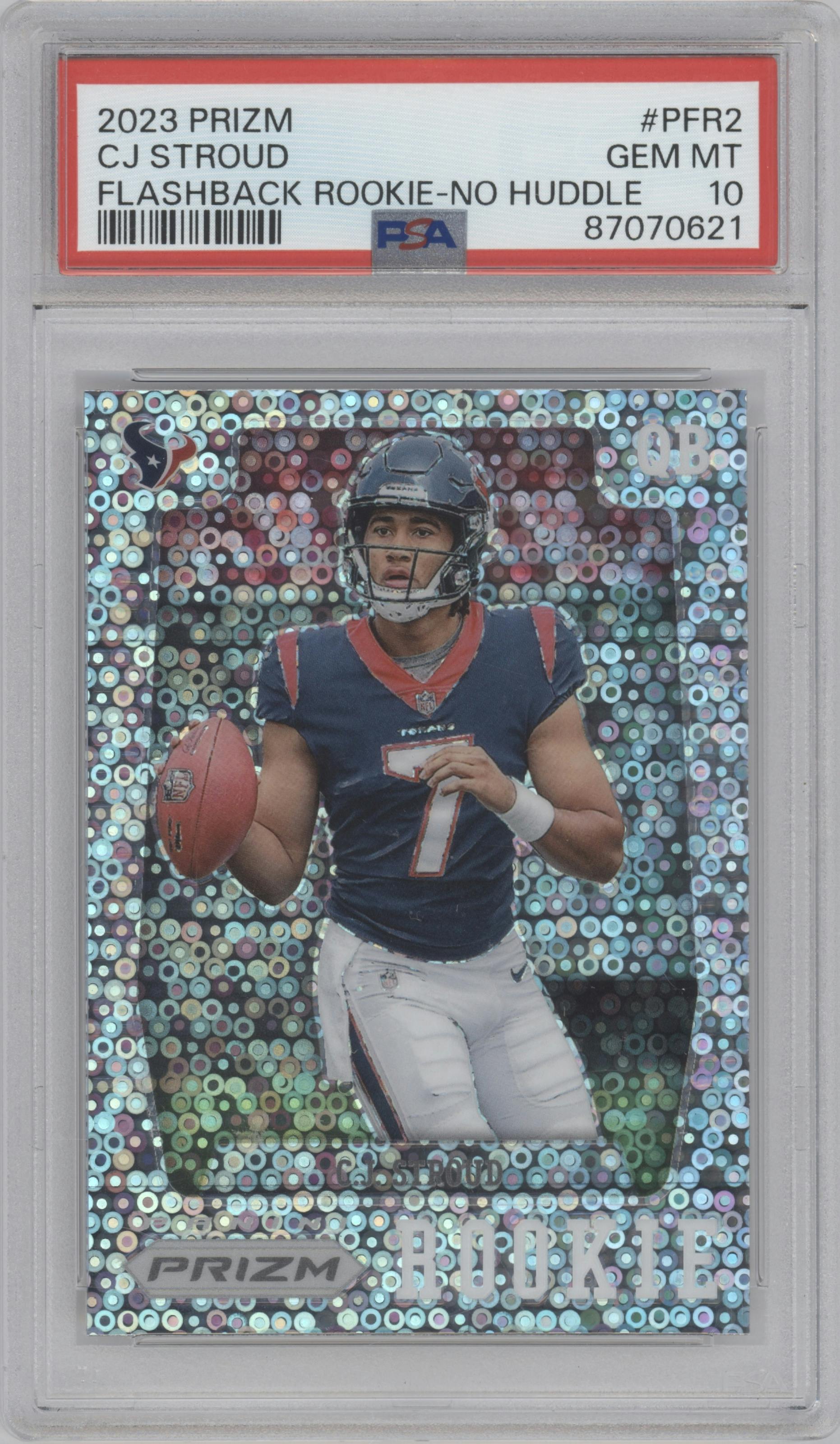 C.J. Stroud from the 2023 Panini Prizm set featuring a No Huddle parallel graded by PSA and given an overall grade of 10.