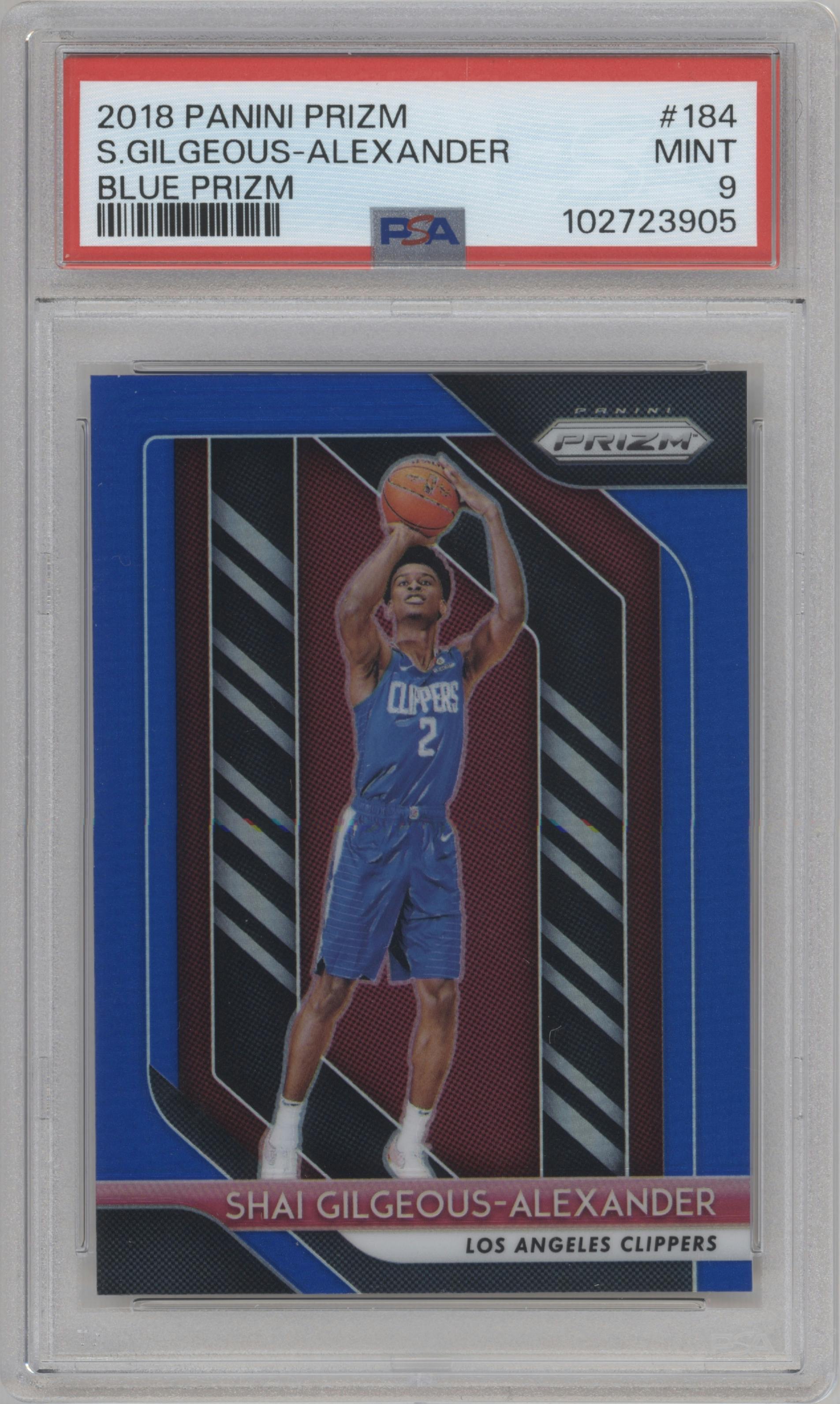 Shai Gilgeous-Alexander from the 2018-19 Panini Prizm set featuring a Blue Prizm  parallel graded by PSA and given an overall grade of 9.