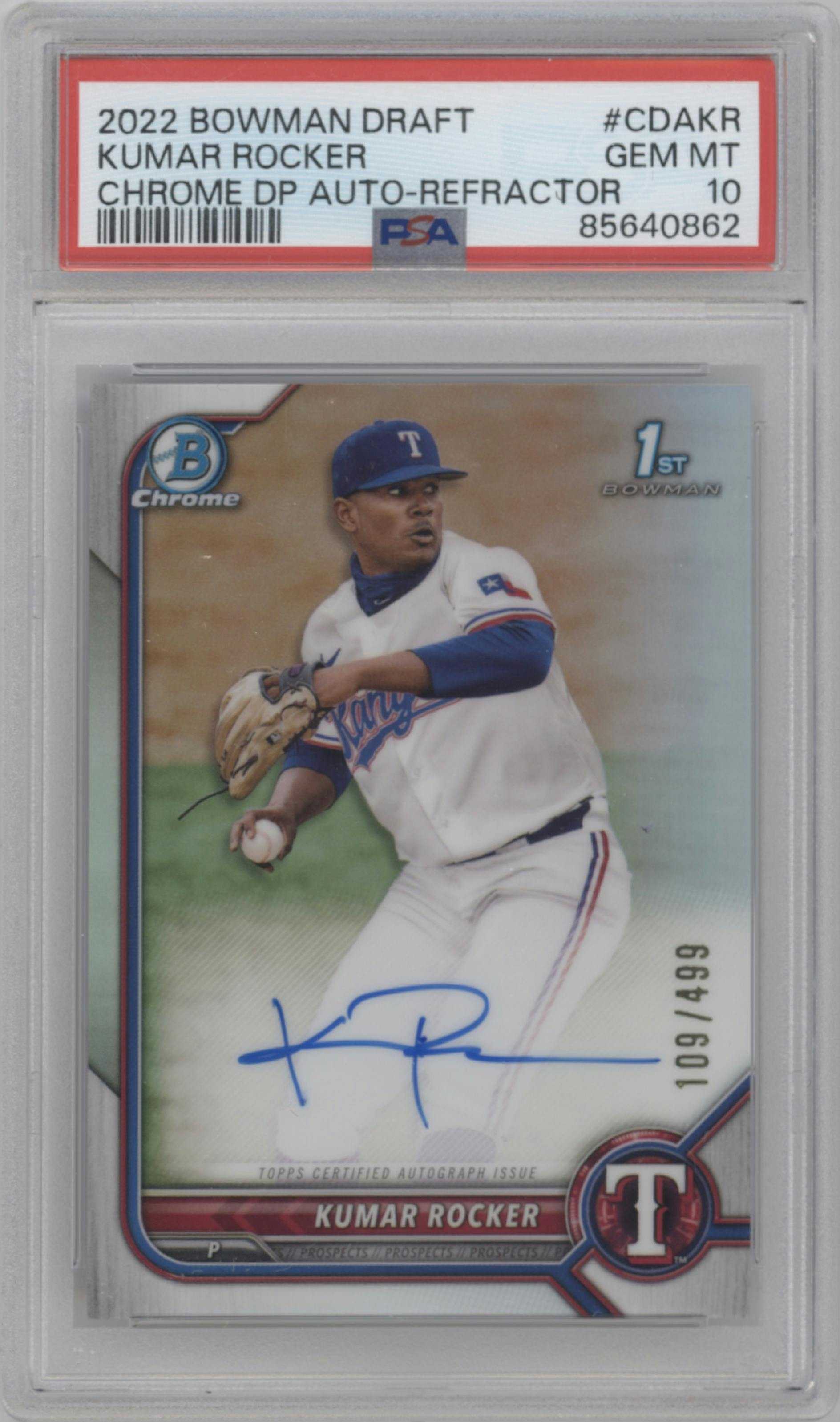 Kumar Rocker from the 2022 Bowman Draft 1st Edition set featuring a Refractor parallel graded by PSA and given an overall grade of 10.