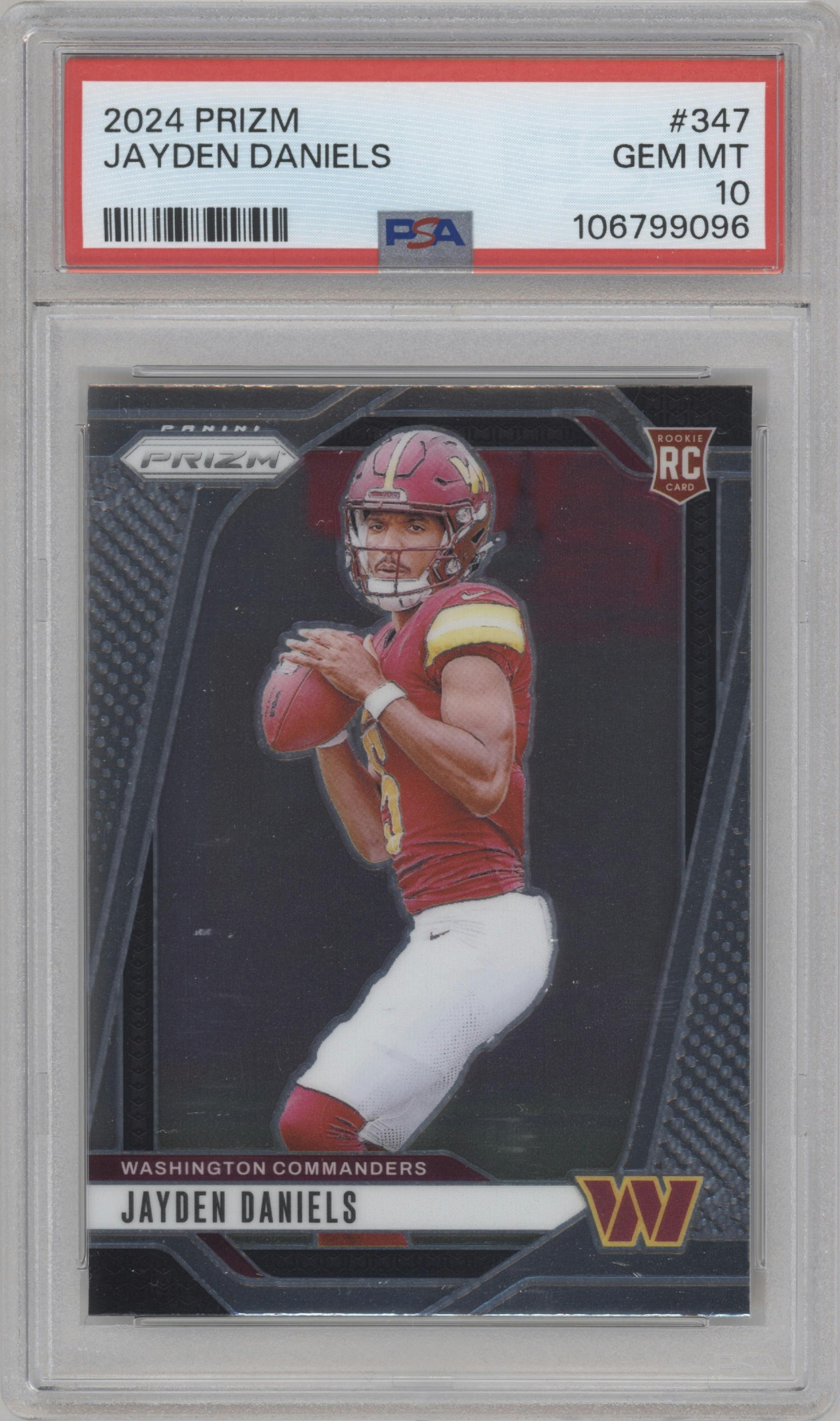 Jayden Daniels from the 2024 Panini Prizm set graded by PSA and given an overall grade of 10.