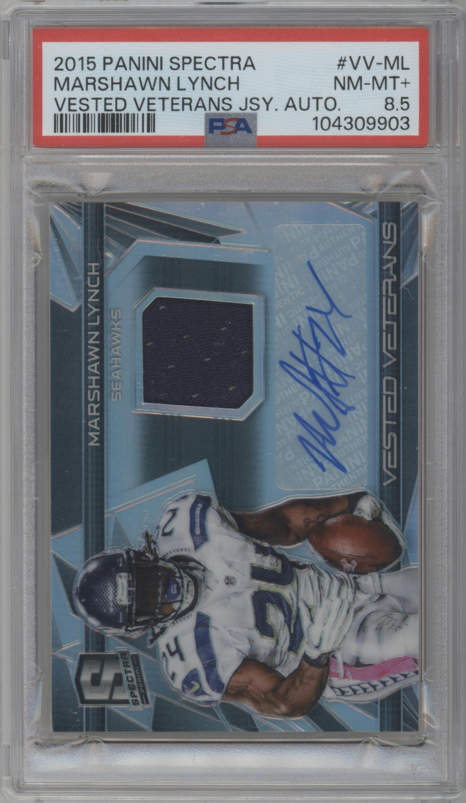 Marshawn Lynch from the 2015 Panini Spectra set graded by PSA and given an overall grade of 8.5.