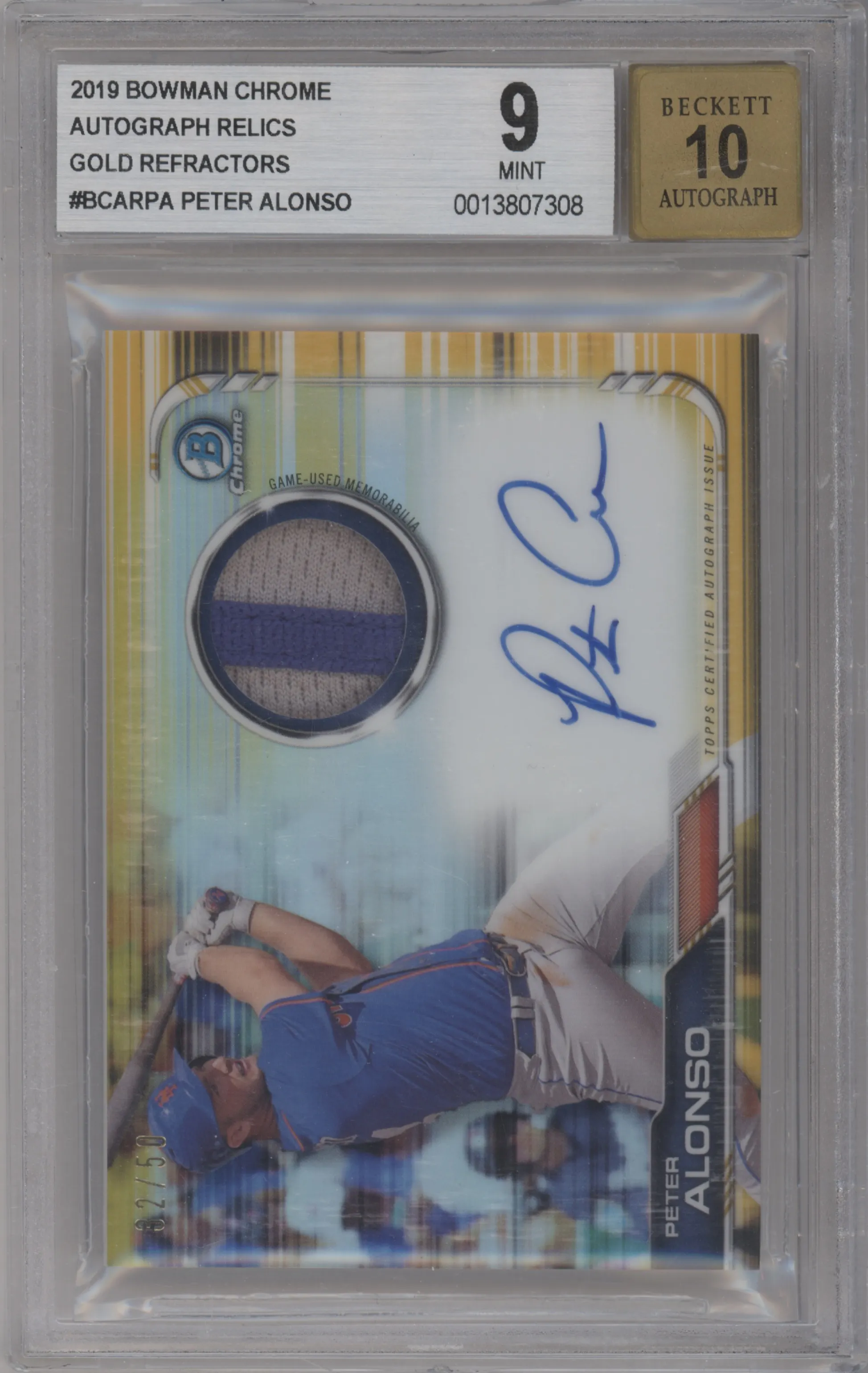2019 Bowman Chrome Chr.Auto Relic Peter Alonso Gold Refractor #BCAR-PA BGS 9