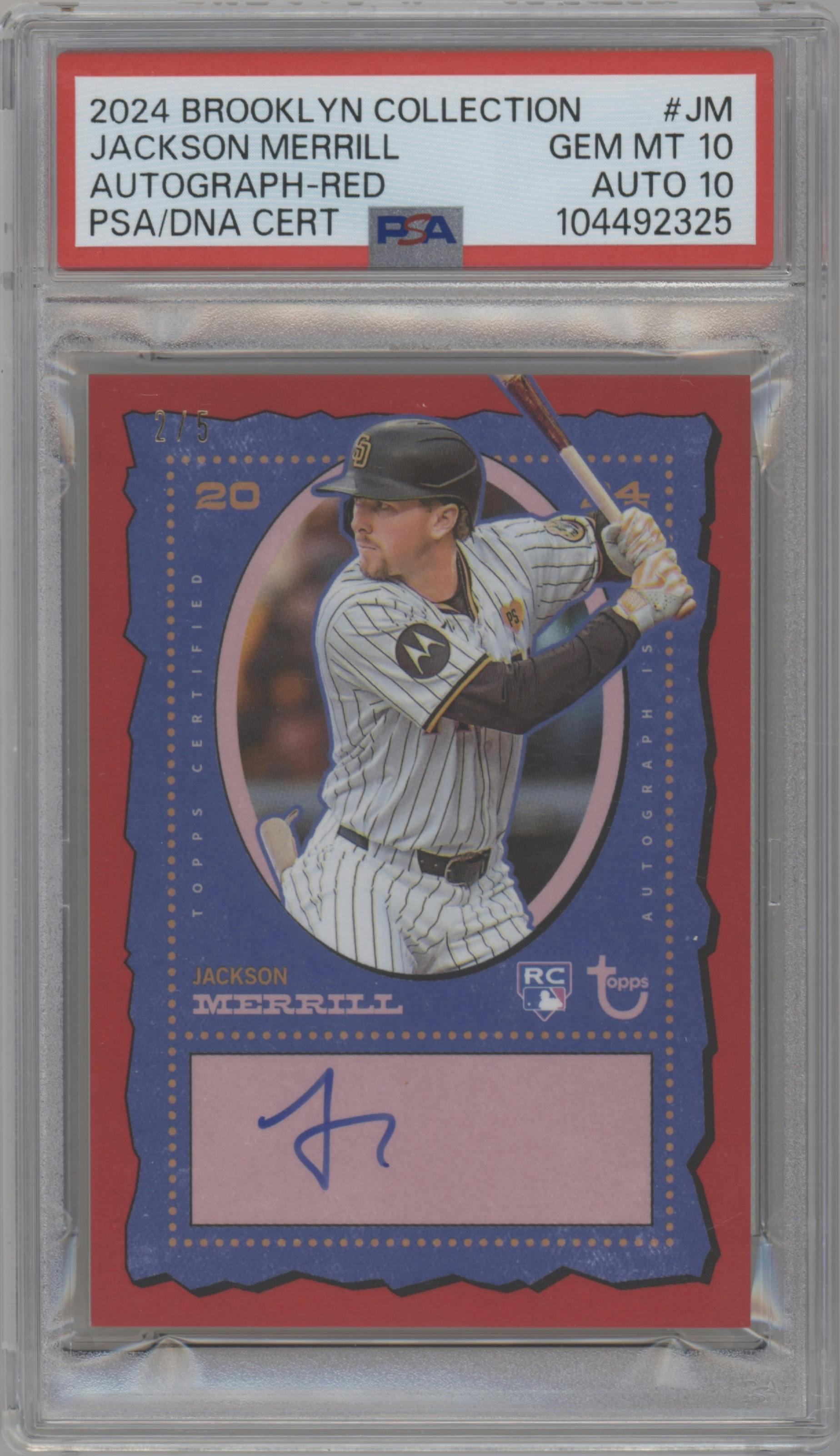 Jackson Merrill from the 2024 Topps Brooklyn Collection set featuring a Red parallel graded by PSA and given an overall grade of 10.