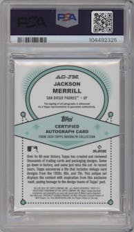 Jackson Merrill from the 2024 Topps Brooklyn Collection set featuring a Red parallel graded by PSA and given an overall grade of 10.