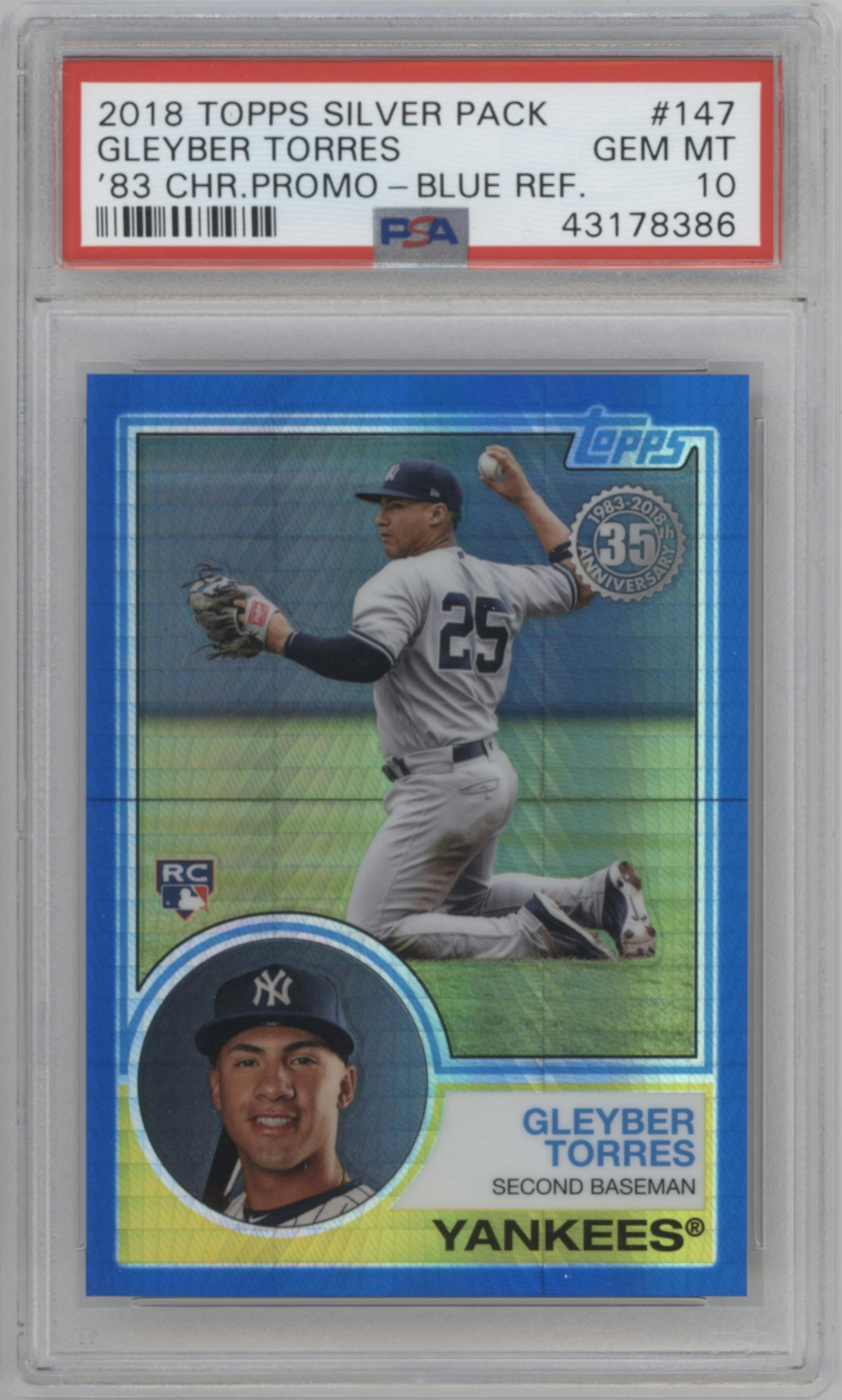 Gleyber Torres from the 2018 Topps Silver Pack  set featuring a Blue Refractor  parallel graded by PSA and given an overall grade of 10.