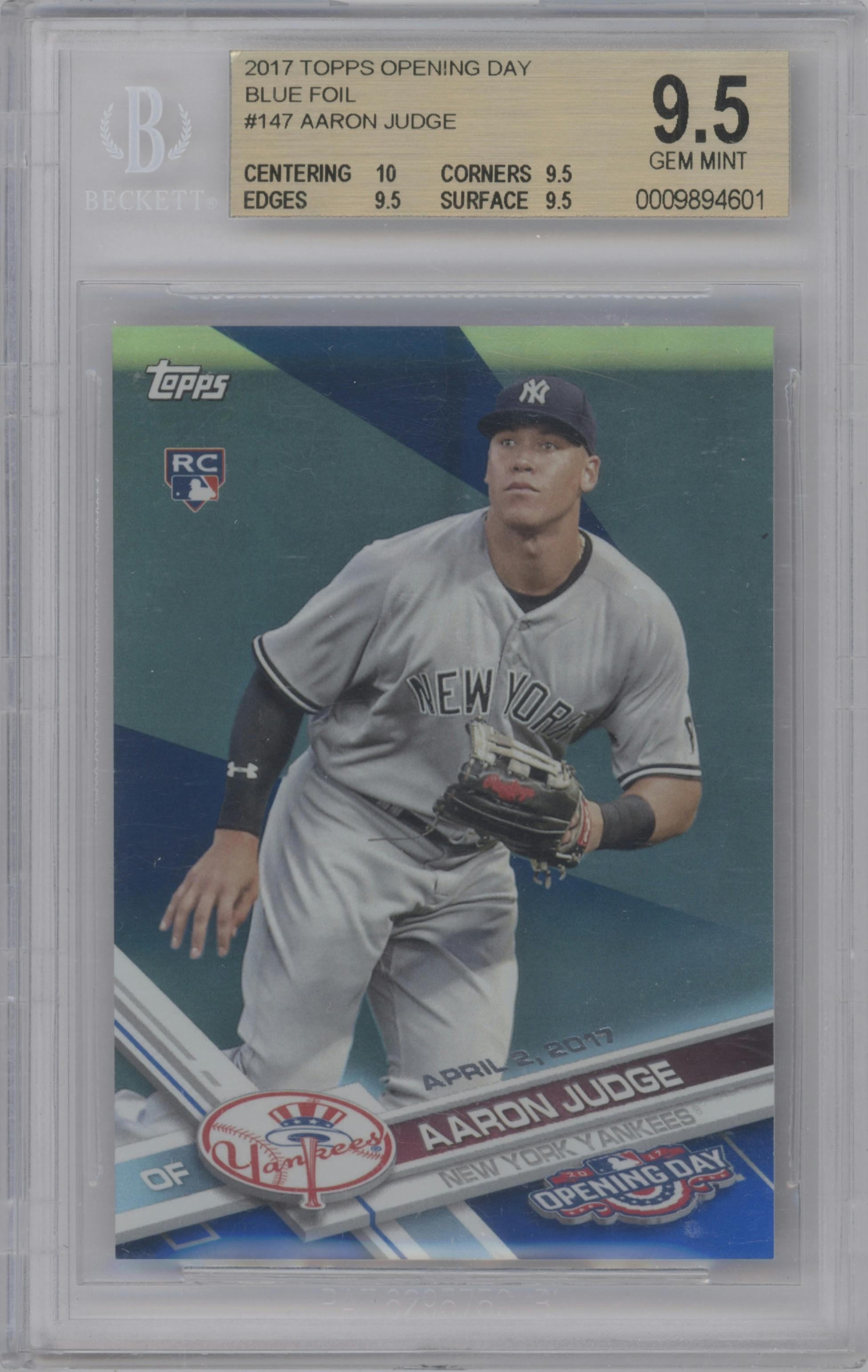 Aaron Judge from the 2017 Topps Opening Day set featuring a Rainbow Blue Foil parallel graded by Beckett and given an overall grade of 9.5.