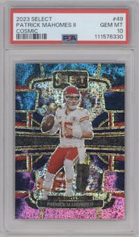 Patrick Mahomes II from the 2023 Panini Select set featuring a Cosmic parallel graded by PSA and given an overall grade of 10.