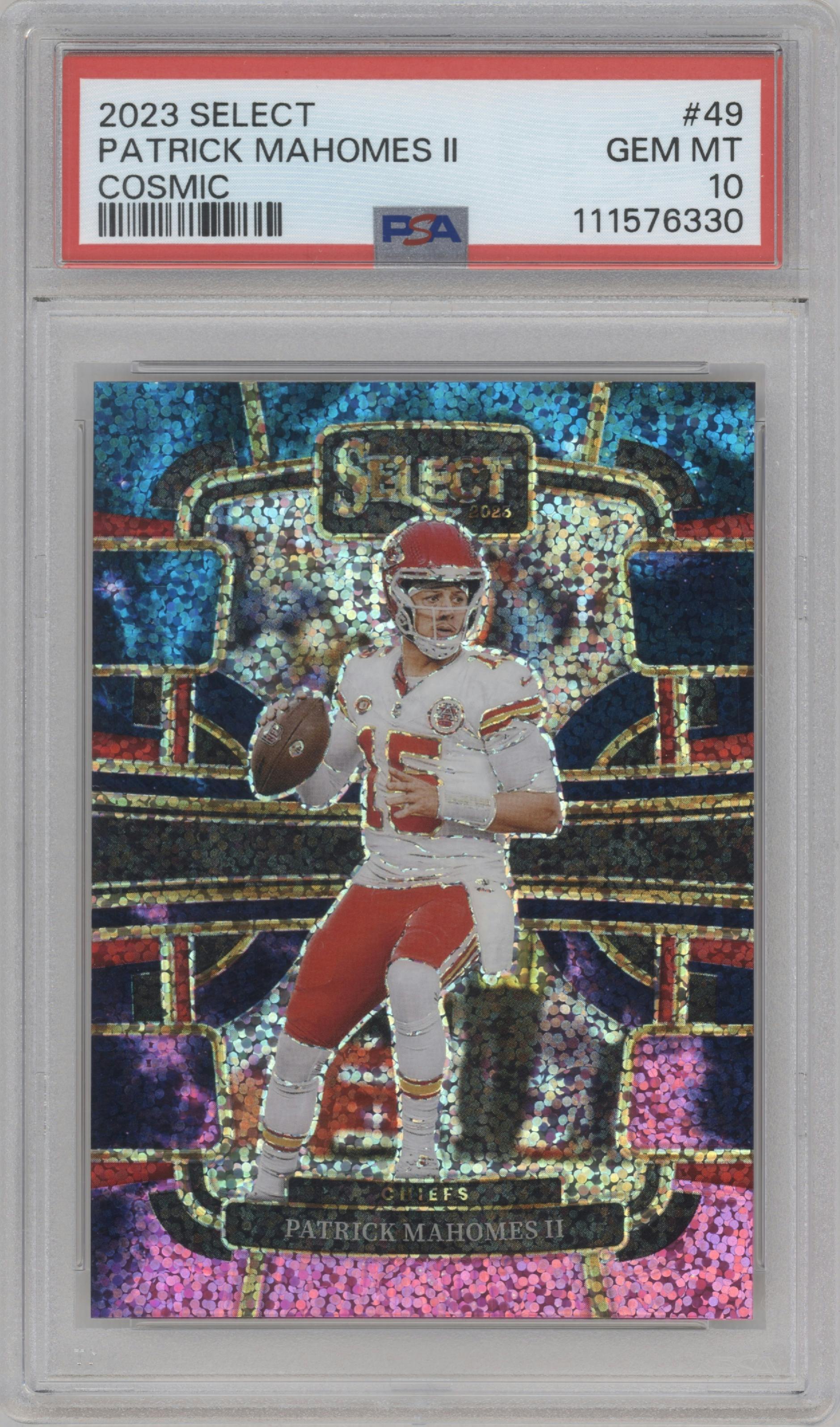 Patrick Mahomes II from the 2023 Panini Select set featuring a Cosmic parallel graded by PSA and given an overall grade of 10.