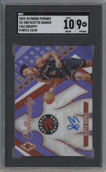 Scottie Barnes from the 2023-24 Panini Phoenix set featuring a Purple parallel graded by SGC and given an overall grade of 9.