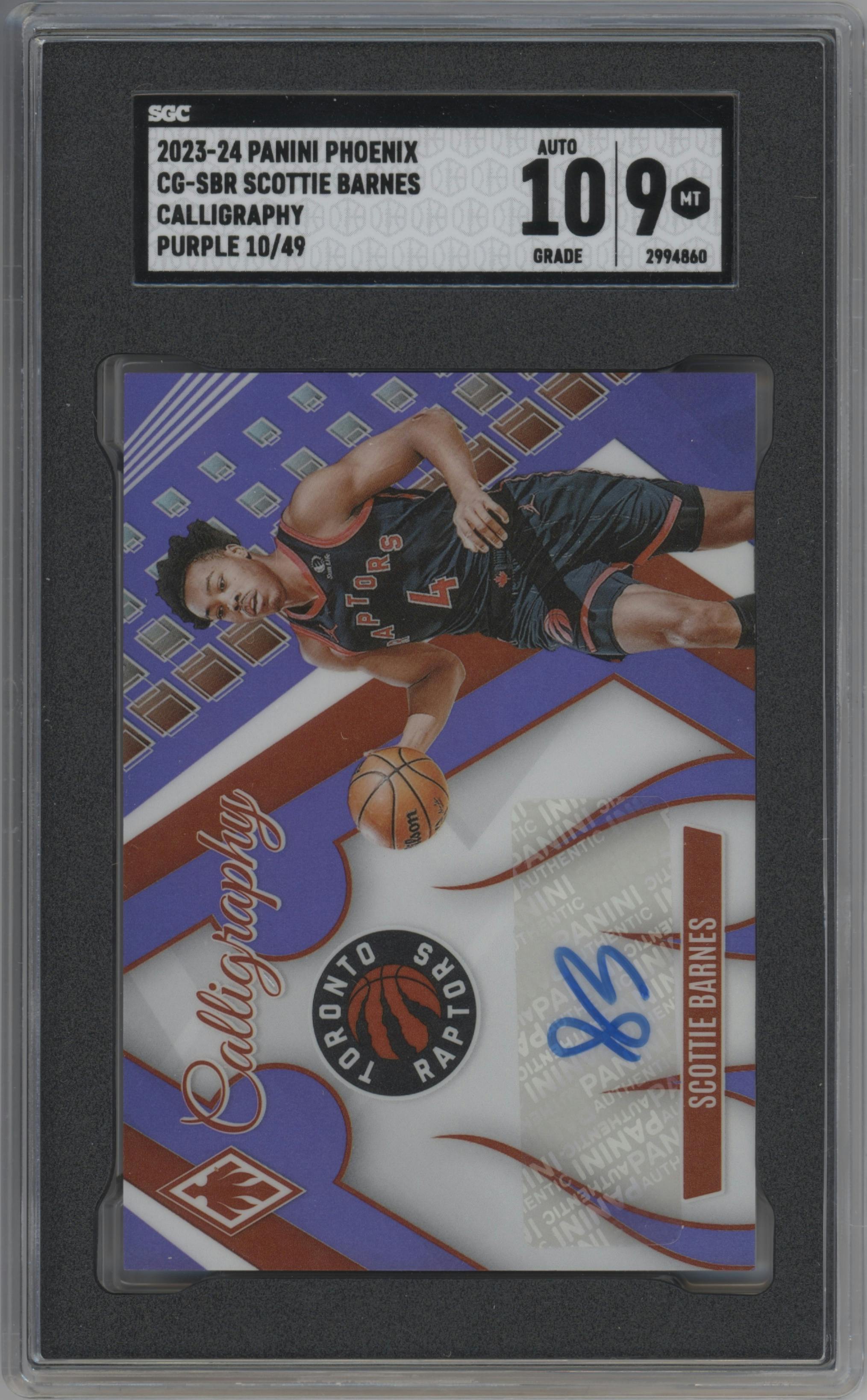 Scottie Barnes from the 2023-24 Panini Phoenix set featuring a Purple parallel graded by SGC and given an overall grade of 9.