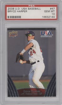Bryce Harper from the 2008 Upper Deck USA Baseball set graded by PSA and given an overall grade of 10.