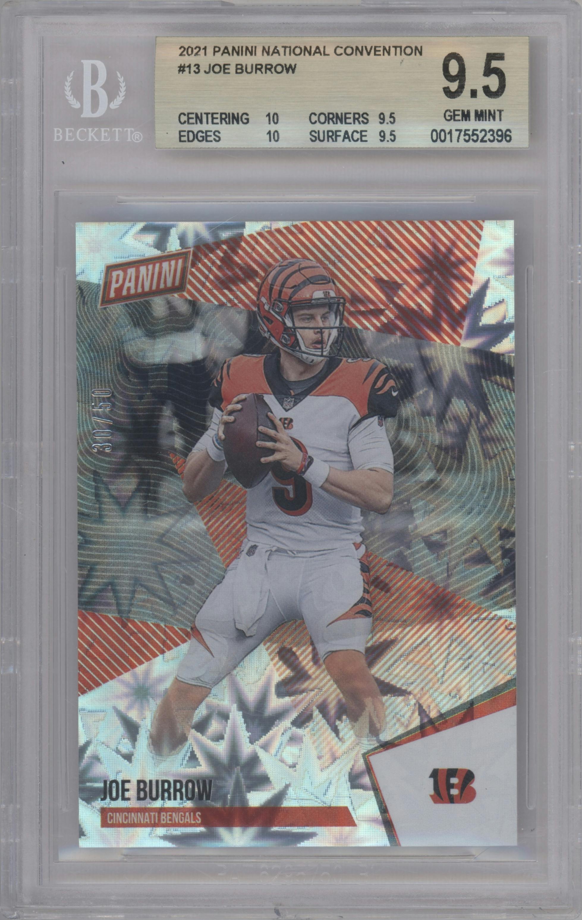 Joe Burrow from the 2021 Panini The National VIP set graded by Beckett and given an overall grade of 9.5.