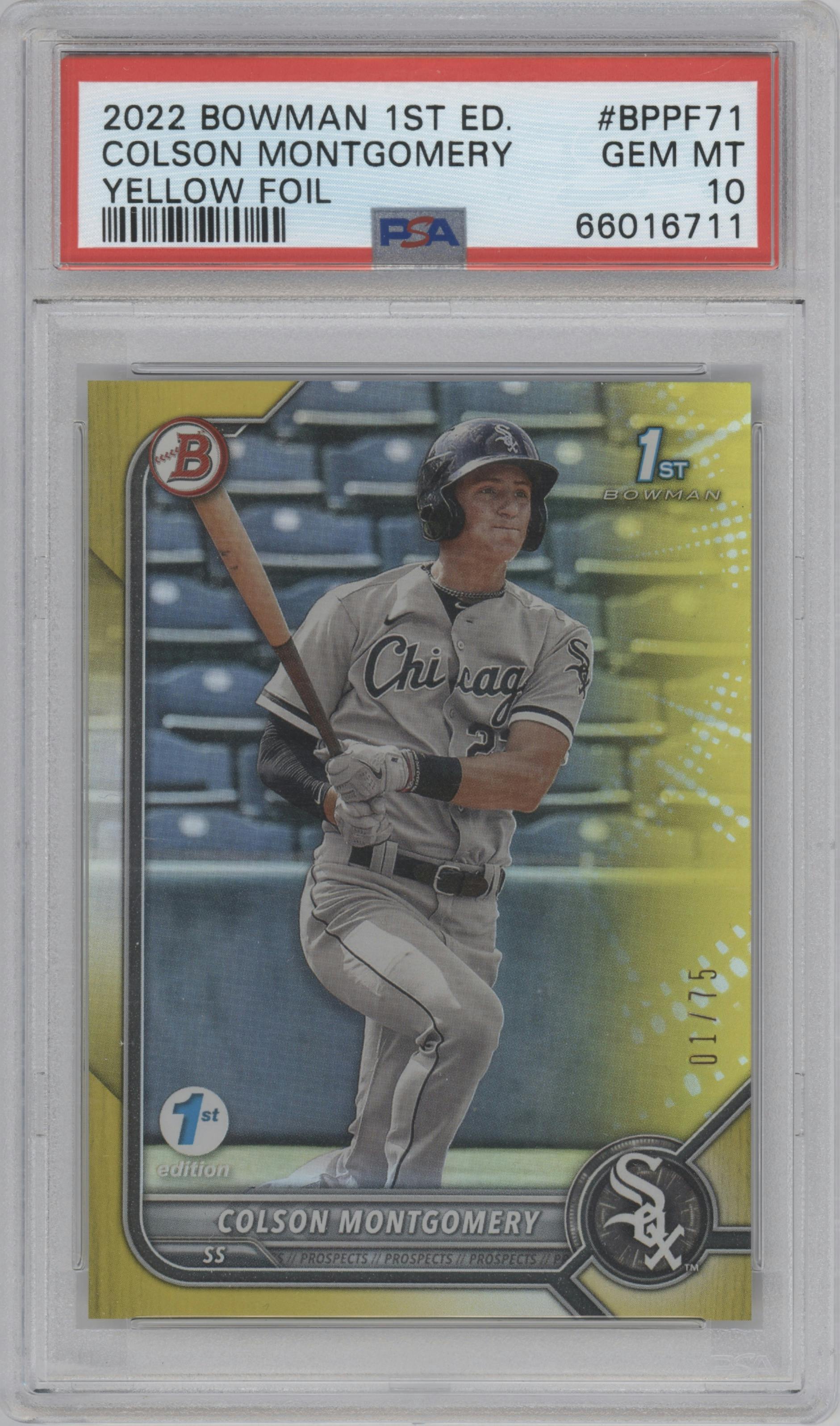 Colson Montgomery from the 2022 Bowman 1st Edition set featuring a Yellow Foil parallel graded by PSA and given an overall grade of 10.