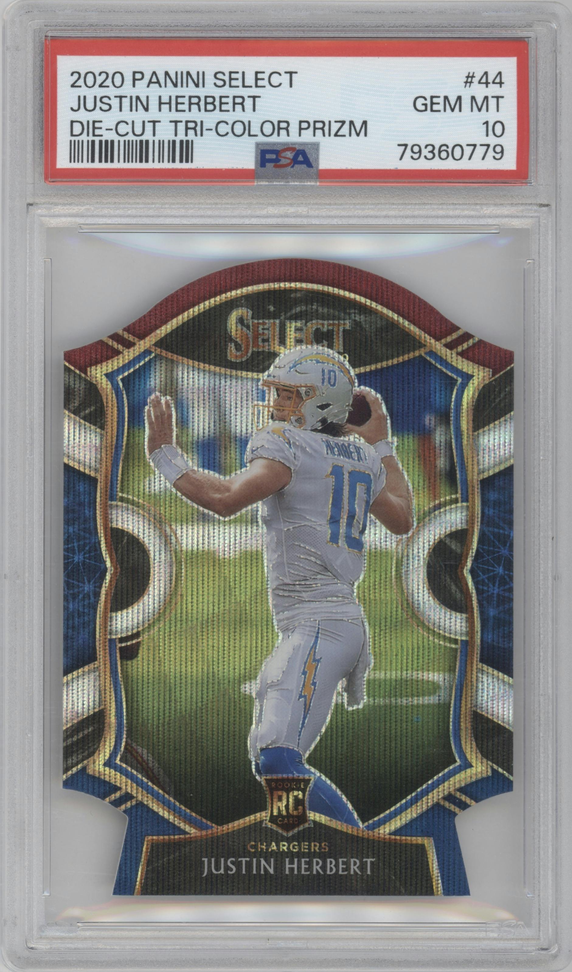 Justin Herbert from the 2020 Panini Select set featuring a Die-Cut Tri-Color parallel graded by PSA and given an overall grade of 10.