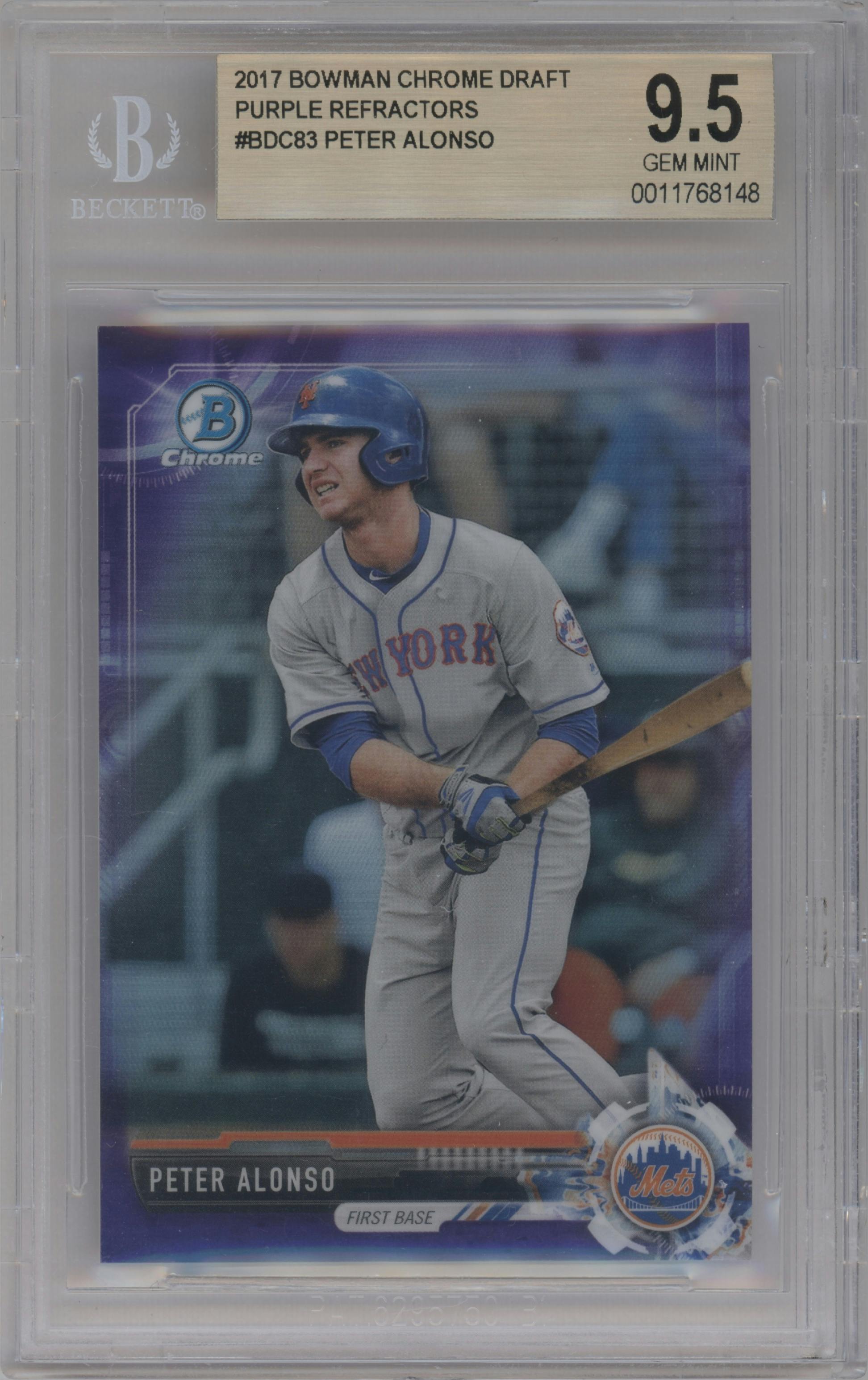 Peter Alonso from the 2017 Bowman Draft set featuring a Purple Refractor  parallel graded by Beckett and given an overall grade of 9.5.