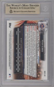Peter Alonso from the 2017 Bowman Draft set featuring a Purple Refractor  parallel graded by Beckett and given an overall grade of 9.5.