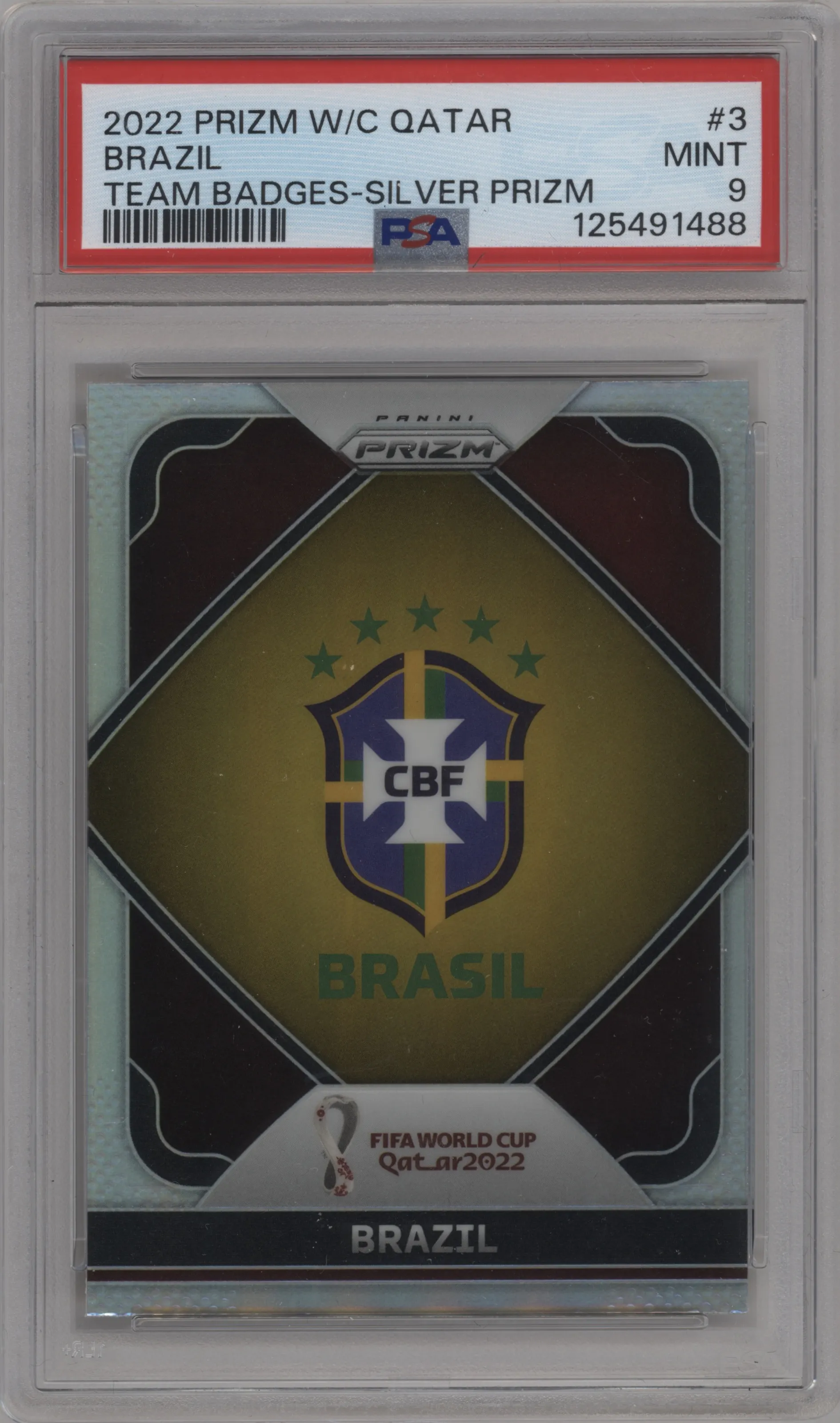2022 Panini Prizm FIFA WC Qatar Team Badges Brazil Silver Prizm #3 PSA 9