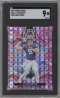 J.J. McCarthy from the 2024 Panini Mosaic set featuring a Pink Camo parallel graded by SGC and given an overall grade of 9.