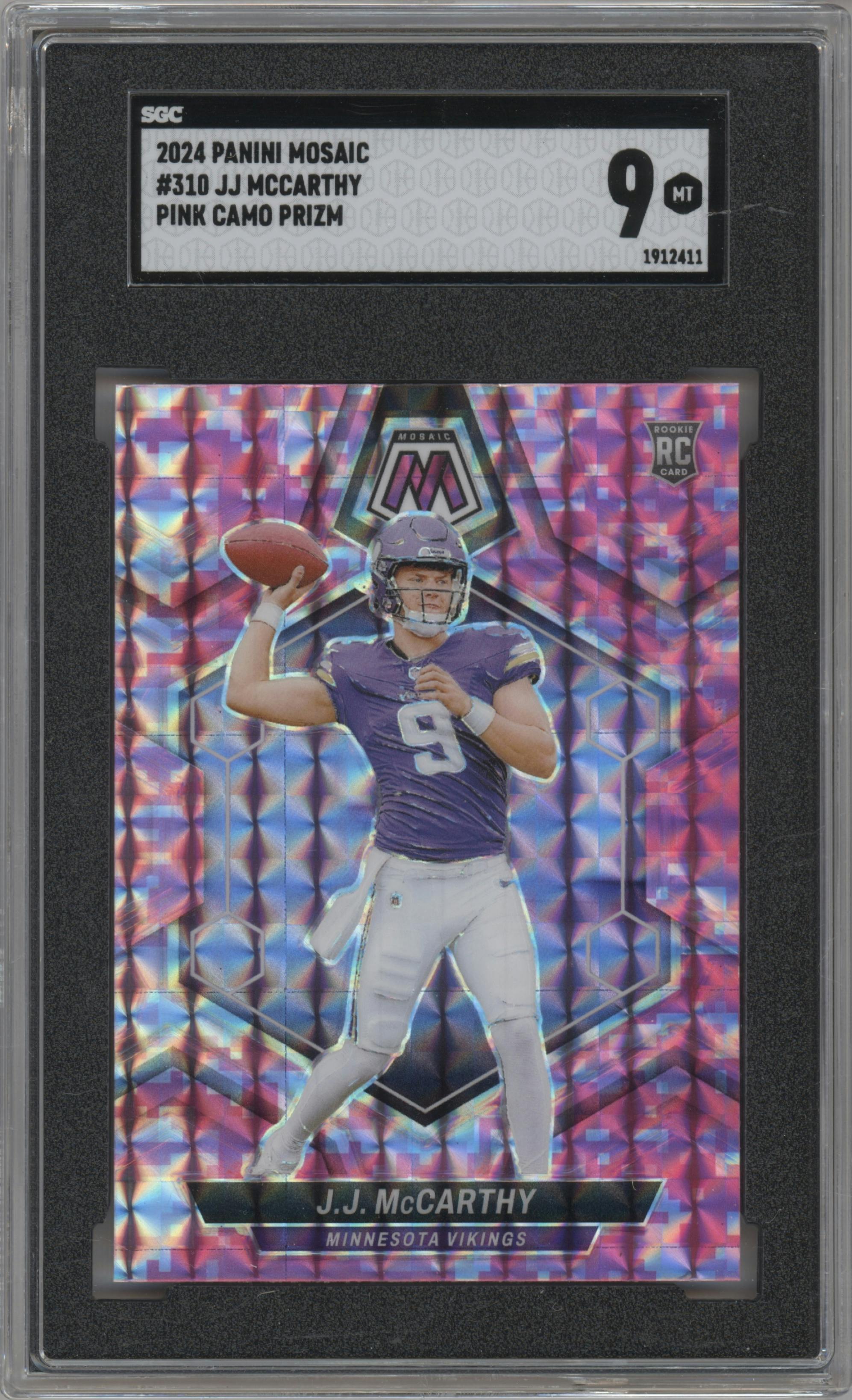 J.J. McCarthy from the 2024 Panini Mosaic set featuring a Pink Camo parallel graded by SGC and given an overall grade of 9.
