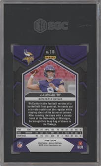 J.J. McCarthy from the 2024 Panini Mosaic set featuring a Pink Camo parallel graded by SGC and given an overall grade of 9.