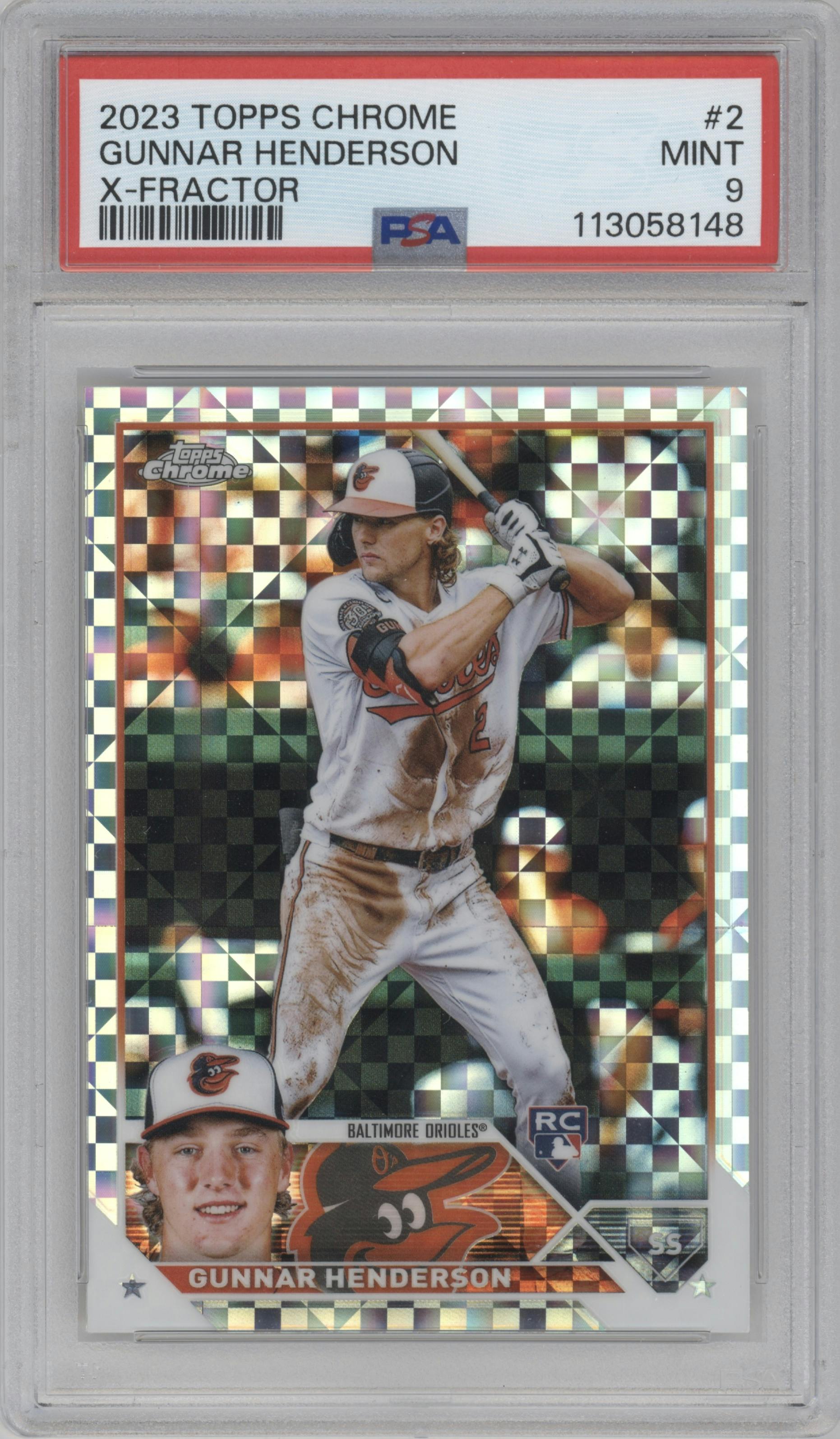 Gunnar Henderson from the 2023 Topps Chrome set featuring a X-Fractor parallel graded by PSA and given an overall grade of 9.
