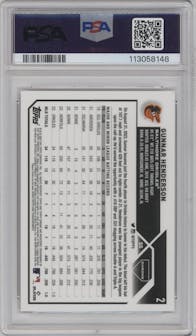 Gunnar Henderson from the 2023 Topps Chrome set featuring a X-Fractor parallel graded by PSA and given an overall grade of 9.