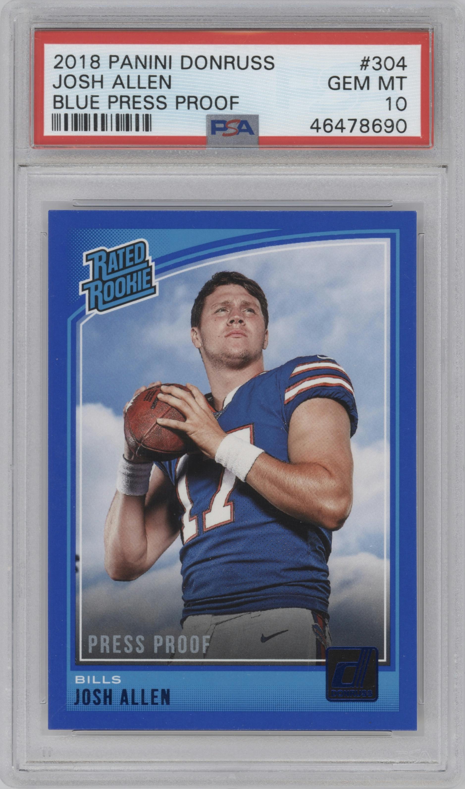 Josh Allen from the 2018 Panini Donruss set featuring a Press Proof Blue parallel graded by PSA and given an overall grade of 10.