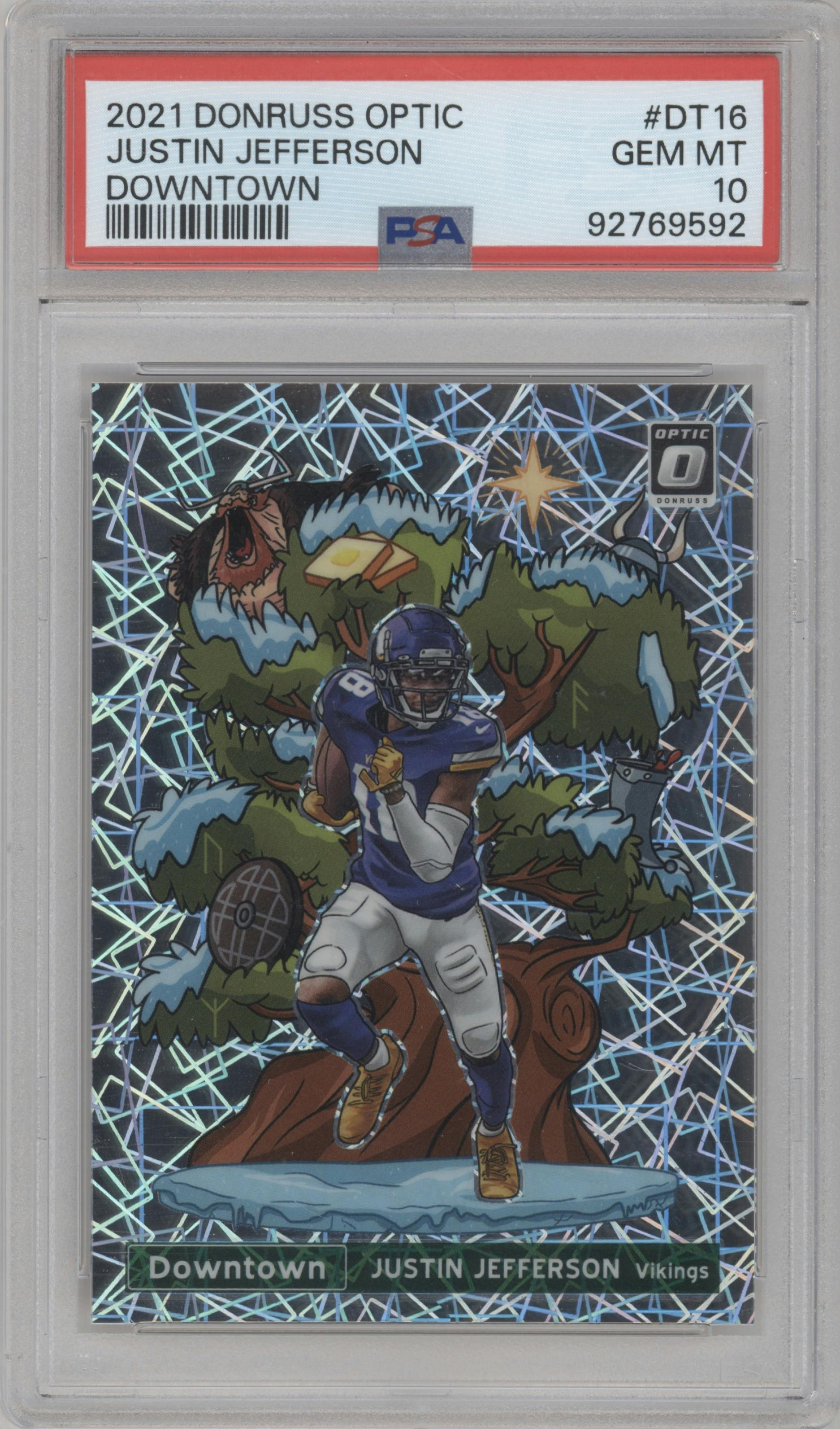 Justin Jefferson from the 2021 Panini Donruss Optic set graded by PSA and given an overall grade of 10.